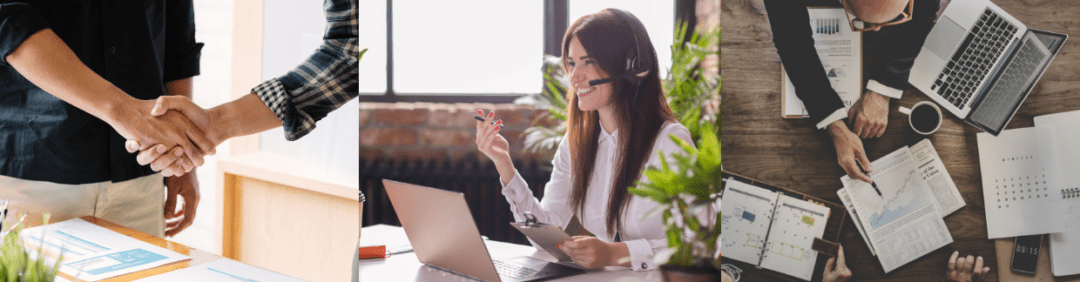 three pictures one of men shaking hands second of woman on phone headset third of businessman pointing to documents while sitting in front of a computer and coffee mug